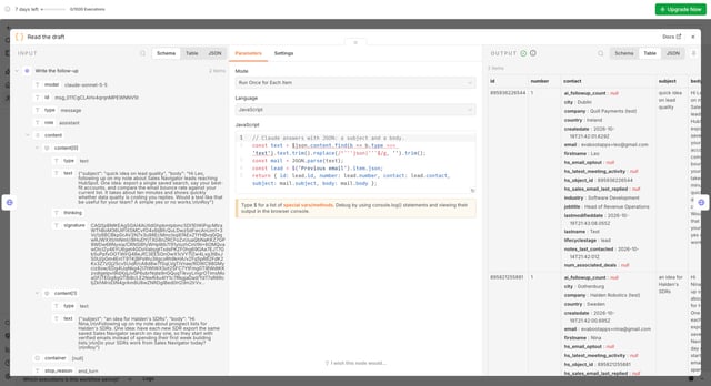 n8n Read the draft node with Claude's JSON answer: a subject and a short follow-up body for each lead