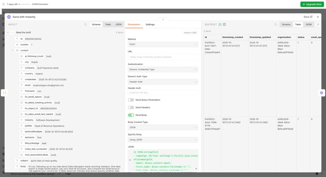 n8n Send with Instantly node adding two leads to the Instantly campaign with their AI-written follow-up