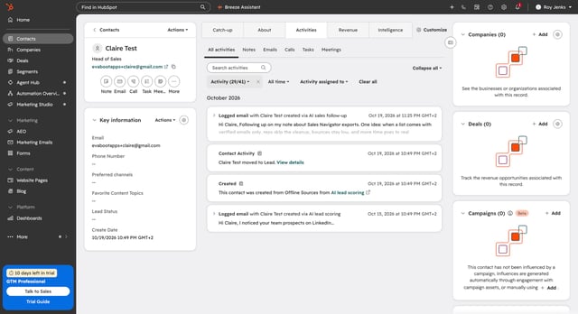 HubSpot contact timeline with the AI follow-up logged as an email above the first email