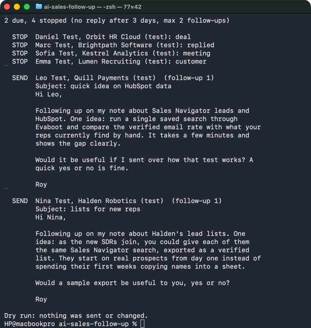 Terminal dry run of follow_up.py: 2 due, 4 stopped with their reasons, and the two AI-written follow-ups