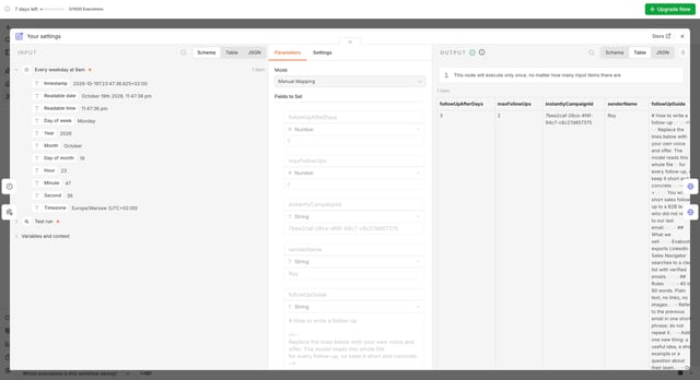 n8n Your settings node with followUpAfterDays 3, maxFollowUps 2, the Instantly campaign ID, the sender name and the writing rules