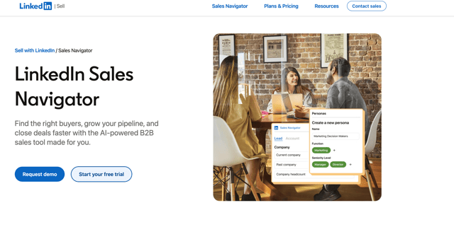 The LinkedIn Sales Navigator product page, offering a demo or free trial, with a persona builder overlay creating a Marketing Decision Makers persona filtered by function and seniority level