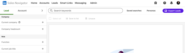 The Sales Navigator lead search screen with Company filters for current company and headcount, Role filters for function and job title, and Evaboot's Export Leads button in the toolbar