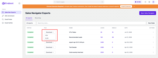 Evaboot's Sales Navigator Exports dashboard with the Download menu open on a completed export, offering CSV or XLSX