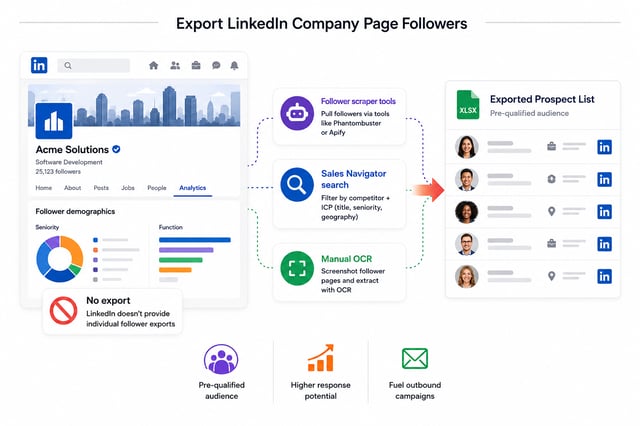 Three routes to a prospect list from a competitor's LinkedIn company page — follower scraper tools, a Sales Navigator search filtered by competitor plus your ICP, or manual OCR of screenshots — since LinkedIn provides no native follower export