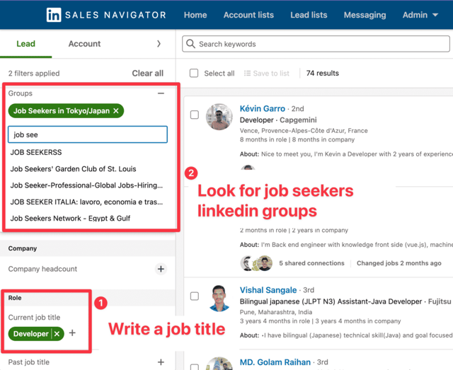 filtre groupe de demandeurs d'emploi sur linkedin sales navigator