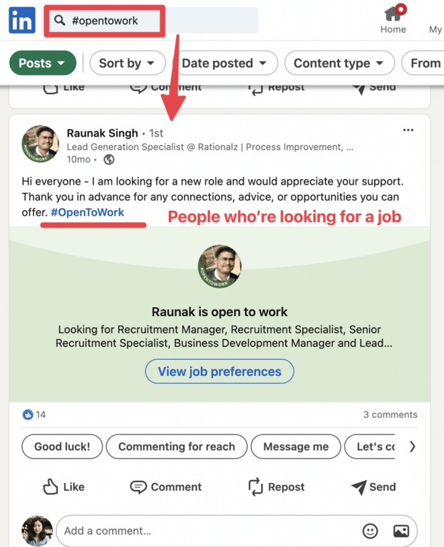 hashtag open to work sur linkedin
