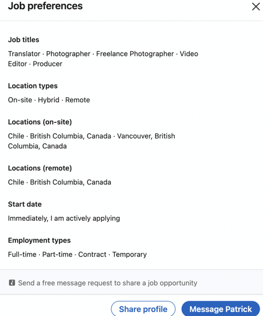 voir les préférences d'emploi sur linkedin