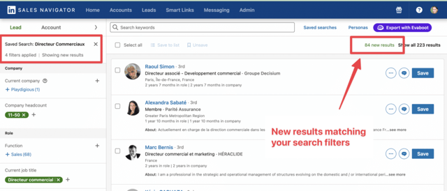 résultats des recherches sauvegardées sur LinkedIn Sales Navigator