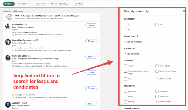 filtres de recherche basiques sur LinkedIn