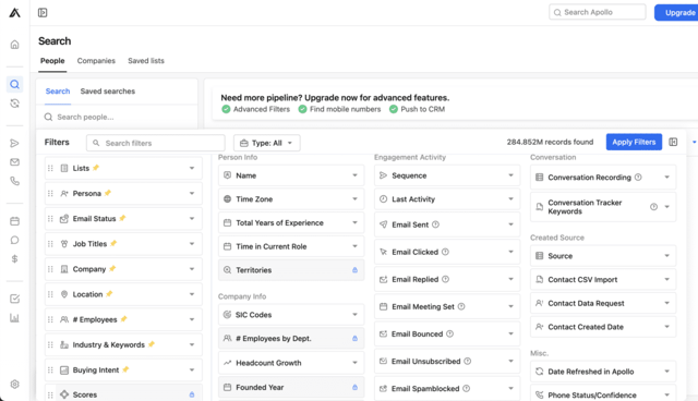 apollo.io prospect search criteria list 