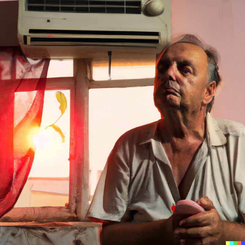 A man sits by an air conditioner in a sweltering room
