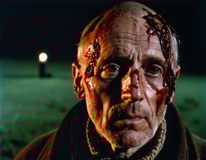 Injured elderly man with bloody makeup at night