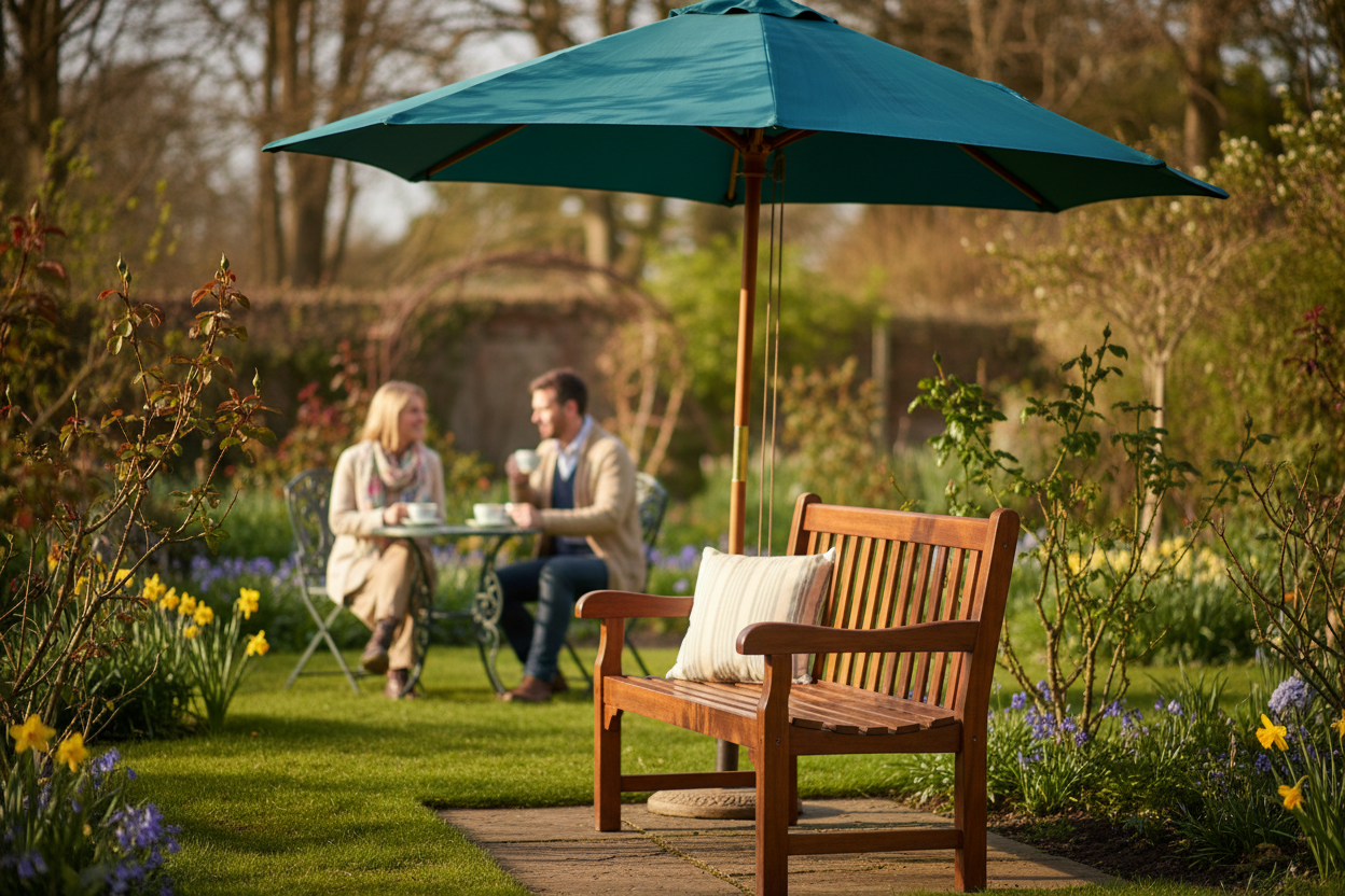 A photorealistic medium shot of a relaxed spring afternoon in a charming UK garden. A stylish wooden garden bench sits under a vibrant teal parasol, creating a shaded nook. In the softly blurred background, a couple enjoys tea at a bistro table, illuminated by sunlight filtering through the parasol. Budding roses and early spring flowers fill the garden. The scene is bathed in warm, late afternoon natural light, casting soft shadows and creating an aspirational, inviting atmosphere with a color palette of teal, soft greens, and warm wood tones.