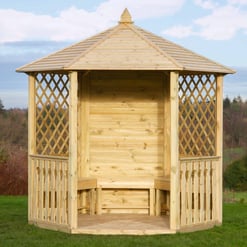Natural cedar outdoor gazebo with lattice design, perfect for garden relaxation and outdoor entertaining, featuring a durable wooden structure and classic style.