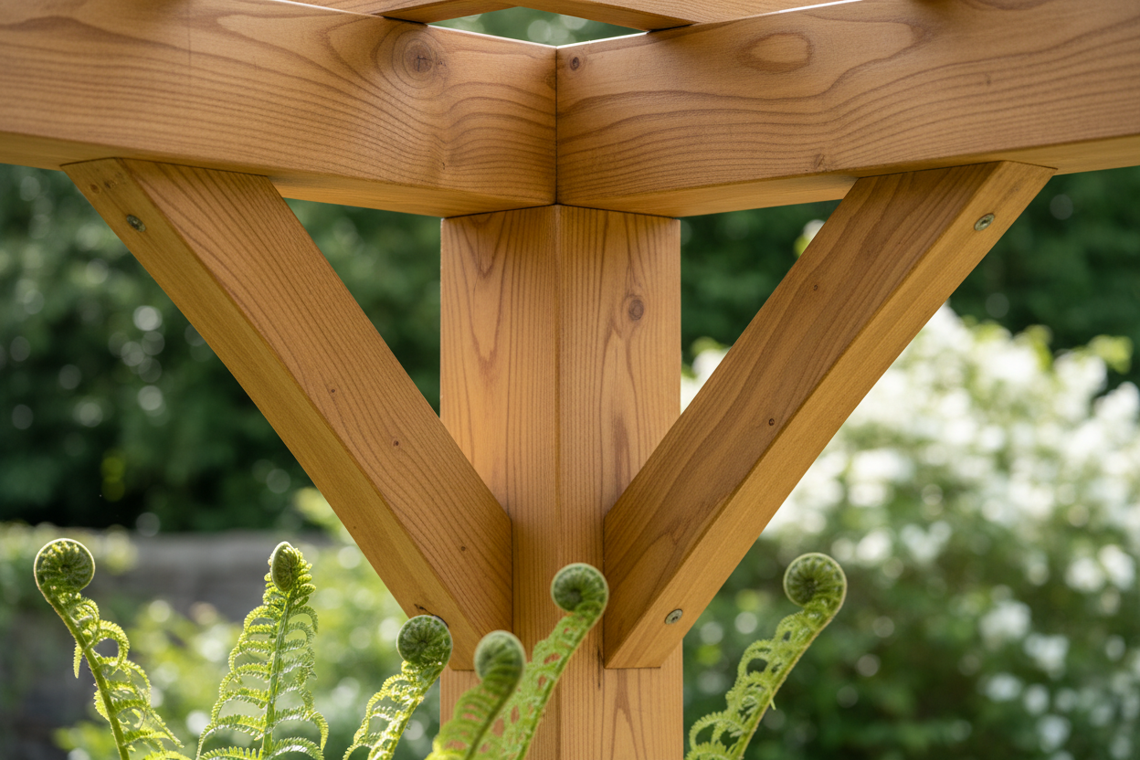A photorealistic close-up of a contemporary wooden pergola's corner joint, highlighting the natural grain and warm, honey-toned finish of sustainably sourced timber. The focus is on the precision of the joinery and wood texture. Soft spring daylight illuminates subtle imperfections and craftsmanship. Delicate, unfurling fern fronds in the foreground add spring freshness and organic contrast. The background is softly blurred, suggesting a manicured garden. The color palette features warm browns, earthy greens, and sunlight highlights. Professional product photography quality.