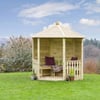 Elm garden gazebo with seating area, perfect for outdoor relaxation and gardening enjoyment in a lush backyard setting.