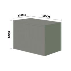 Bright gray outdoor storage shed with dimensions labeled 80cm height, 105cm depth, and 185cm width, perfect for garden and home organization.