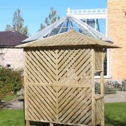 New wooden garden gazebo with slatted walls and spacious design, perfect for outdoor relaxing and entertaining. Crafted from durable timber, ideal for enhancing your backyard landscape.