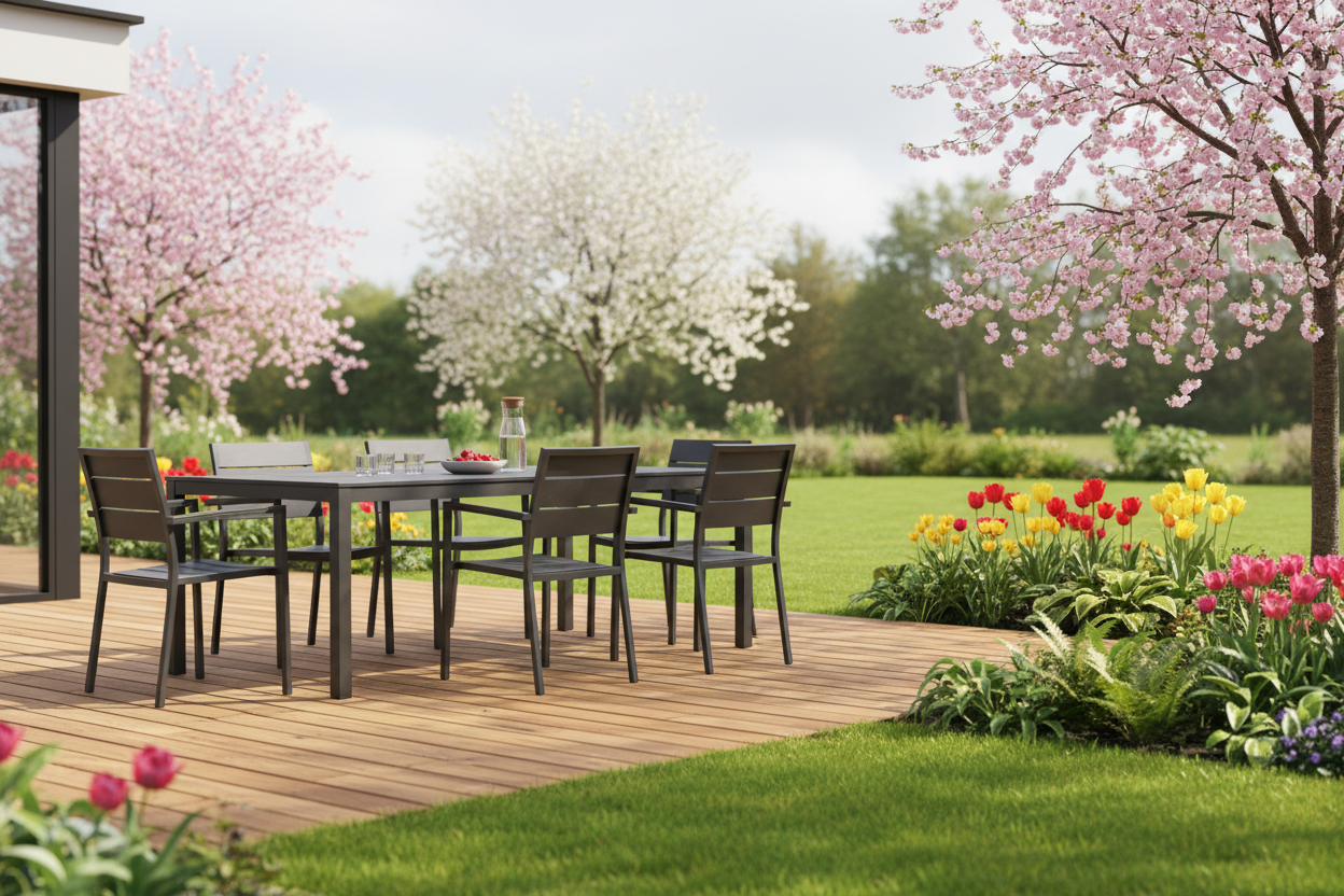A photorealistic, wide-angle shot of a modern, charcoal-grey aluminium garden dining set with clean lines, positioned on a wooden deck in a quintessential UK suburban garden during late spring. The scene features a manicured lawn, borders filled with vibrant tulips, and blossoming cherry trees in soft pink hues. The image is captured in late morning with bright, diffused natural daylight. The composition is aspirational and inviting, with a shallow depth of field blurring the background, highlighting the fresh greens, soft pinks, and warm wood tones.