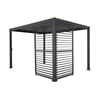 Modern black metal pergola with louvered roof and privacy slats, ideal for outdoor living spaces, patios, or gardens, enhancing shade, privacy, and stylish outdoor entertainment areas.