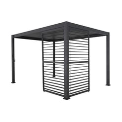 Modern black metal pergola with louvered roof and privacy slats, ideal for outdoor living spaces, patios, or gardens, enhancing shade, privacy, and stylish outdoor entertainment areas.