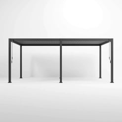 Custom outdoor pergola with a durable black metal frame and slatted roof, ideal for patios, gardens, or backyard entertaining spaces. Perfect for outdoor living enhancements.