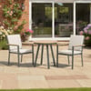 Stylish outdoor patio furniture set with two modern chairs and a round table, perfect for garden relaxation and outdoor entertaining, featuring durable materials and contemporary design.