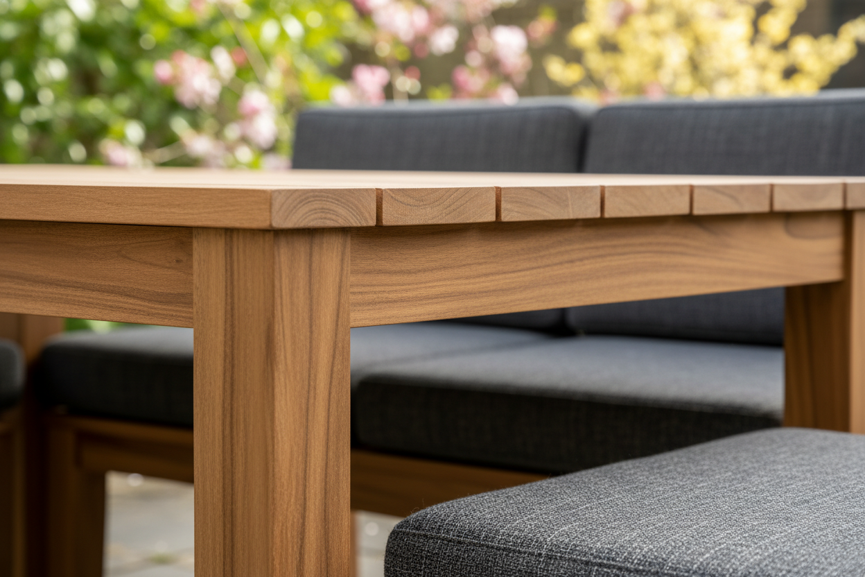 A photorealistic, close-up detail of the corner of a modern outdoor dining table made of sustainable teak wood. The intricate grain of the wood is highlighted, showcasing its natural texture and robust construction. A minimalist, integrated charcoal grey cushion is visible, with its subtle fabric weave captured by soft, natural daylight. The background is a warmly blurred bokeh of vibrant green spring foliage and delicate pastel flowers, creating an inviting atmosphere. The shallow depth of field and eye-level angle emphasize the material quality and design.