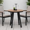 Elegant outdoor patio table set with two modern chairs, perfect for garden or backyard dining, featuring durable frames and comfortable cushions.