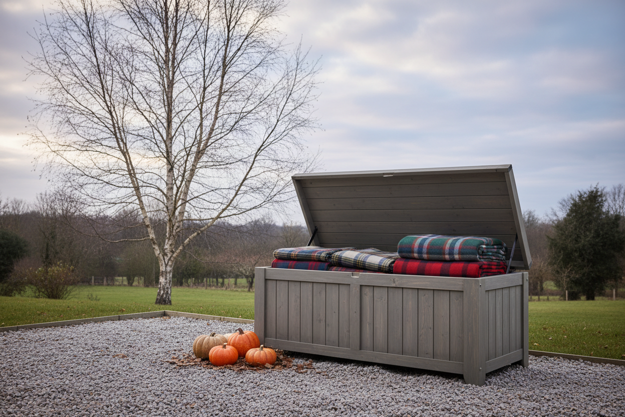 A photorealistic, aspirational wide shot of a modern grey timber garden storage box on a gravel patio in a classic UK garden. The box is filled with neatly folded tartan blankets and decorative pumpkins. Bare branches of a nearby birch tree are silhouetted against a muted, overcast winter sky. Soft, diffused natural daylight creates a warm and inviting atmosphere. The composition is at eye-level, showcasing the product and its cozy winter surroundings.