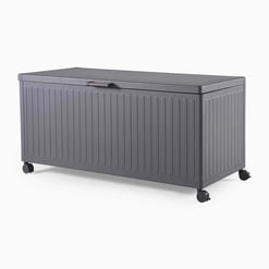 Versatile gray outdoor storage chest with wheels, ideal for garden or patio organization, made from durable weather-resistant materials for outdoor use and long-lasting storage solutions.