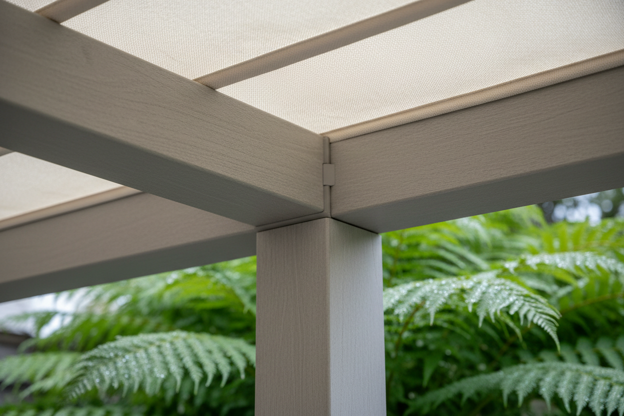Close-up, photorealistic detail of a modern UK-made pergola's joinery in spring. The image highlights the seamless integration of light grey composite wood beams with a subtle wood grain and matte finish. A partially unfurled cream-colored retractable fabric canopy reveals its quality weave. Dewdrops cling to nearby fern and hosta leaves. Soft, natural side lighting accentuates textures and shadows, emphasizing the craftsmanship and premium feel of the materials. The color palette is muted, featuring grey, cream, and vibrant greens.
