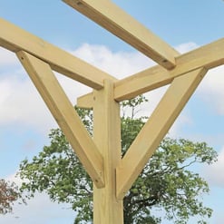 Natural wood gazebo framework under construction, showcasing outdoor garden structure building, ideal for backyard patio and garden renovation projects.