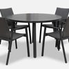 Modern black round dining table with six upholstered gray chairs, ideal for home and garden outdoor/indoor spaces.