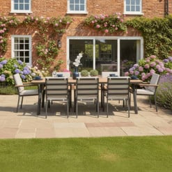 Bright outdoor dining patio with modern furniture surrounded by colorful hydrangeas and lush greenery, ideal for relaxing garden gatherings and enhancing home exterior beauty.