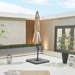 Stunning modern outdoor patio space featuring a large beige umbrella, potted plants, decorative lanterns, and elegant wall accents for a stylish garden or backyard area.