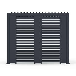 Stylish black horizontal slat privacy screen with adjustable louvered panels for outdoor patio or garden space. Perfect for enhancing exterior decor and providing privacy.