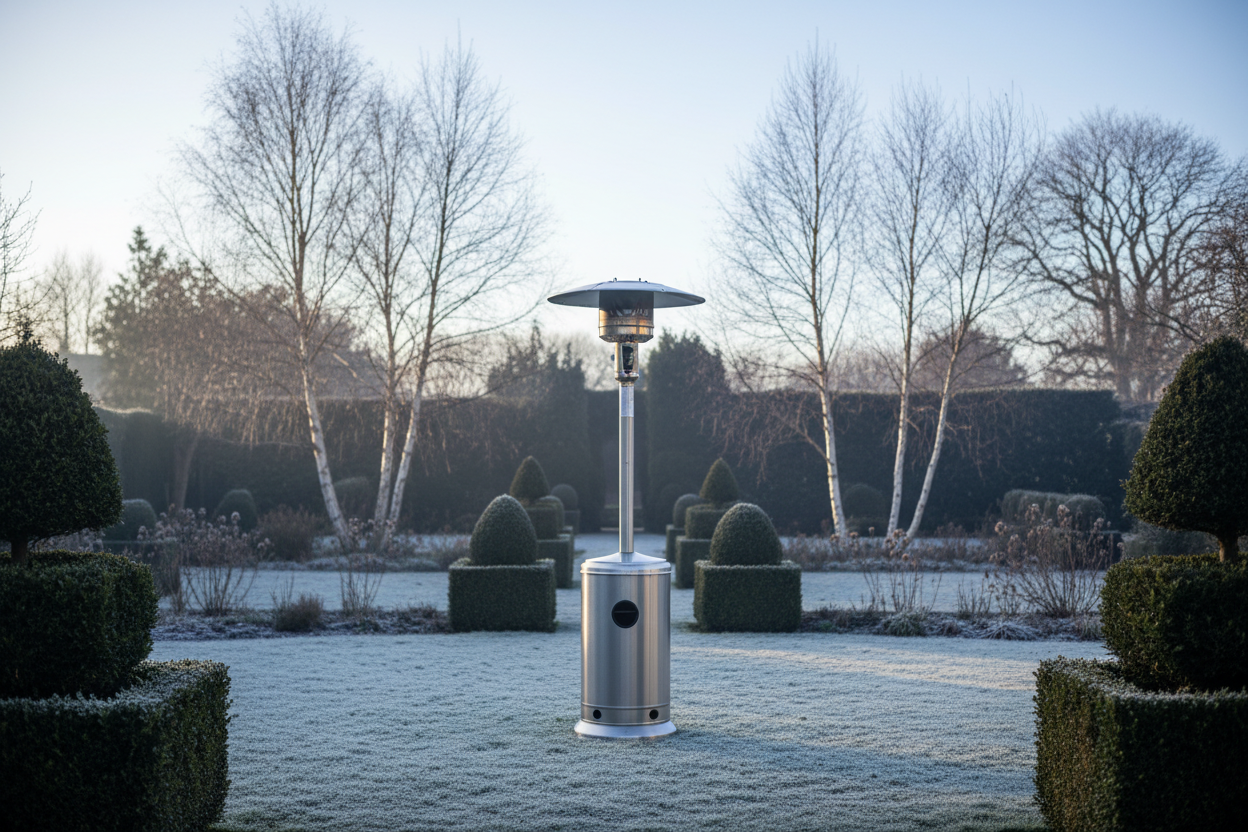A photorealistic, wide shot of a sleek, brushed stainless steel patio heater centrally located in a tranquil UK garden on a crisp winter afternoon. The garden is adorned with manicured boxwood shrubs and bare birch trees, with a light dusting of frost on the ground and a hint of mist in the air. Soft, diffused natural light from a low winter sun casts long shadows, highlighting the heater as the focal point against a cool blue and grey background. The scene evokes an aspirational and inviting atmosphere, emphasizing extended outdoor enjoyment.