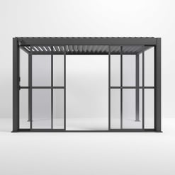 Modern black metal garden pergola with adjustable louvers, ideal for outdoor patio shade, garden decor, and relaxing outdoor living spaces. Durable steel construction with contemporary design.