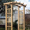Wooden garden arbor and trellis for outdoor landscaping and garden decoration, perfect for creating charming entryways or supporting climbing plants. Made from durable, natural wood for outdoor use.