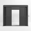 Black sliding barn door with horizontal slats and a modern design, ideal for outdoor or indoor spaces, enhancing home and garden aesthetics.