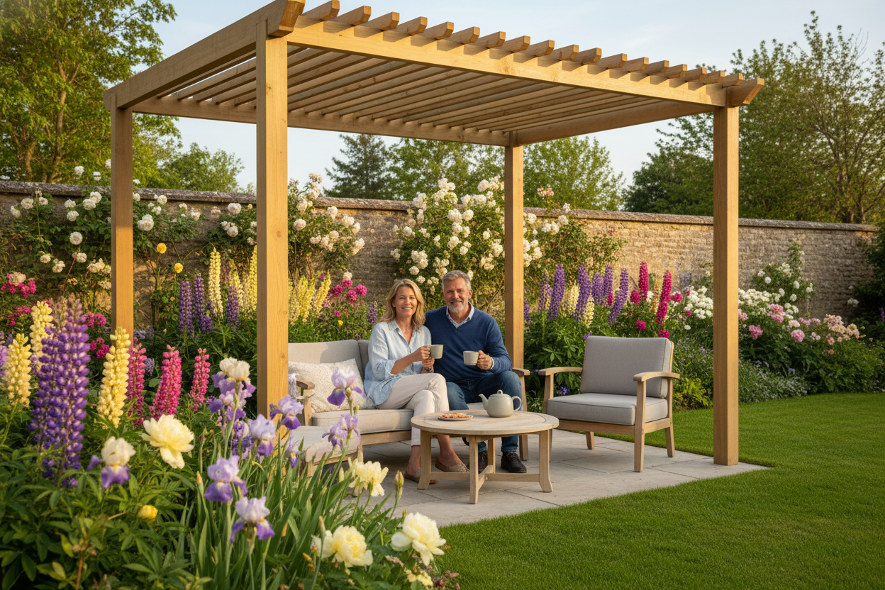 A photorealistic medium shot of a couple enjoying tea under a contemporary wooden pergola in a UK garden during late spring. The garden features manicured flowerbeds in vibrant purples, pinks, and yellows, and a green lawn, all bathed in soft, natural late afternoon sunlight. The scene is warm, inviting, and aspirational, highlighting the pergola as a beautiful home extension.