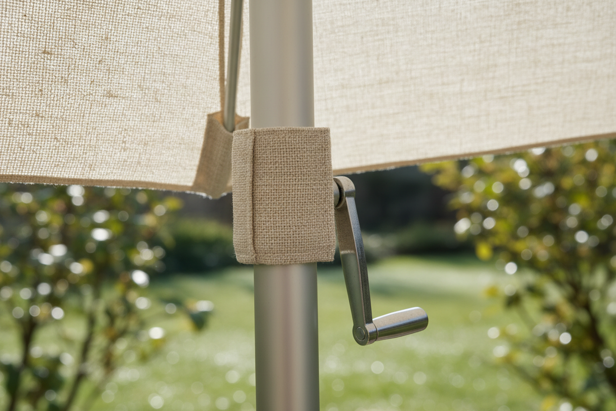 A photorealistic macro shot of a cream-colored, natural linen-look parasol canopy. The woven fabric features reinforced stitching, with hints of a polished aluminum pole joint and brushed metal crank mechanism. The background is a soft bokeh of spring foliage and dewy grass, illuminated by diffused daylight, emphasizing the quality and tranquil garden setting.