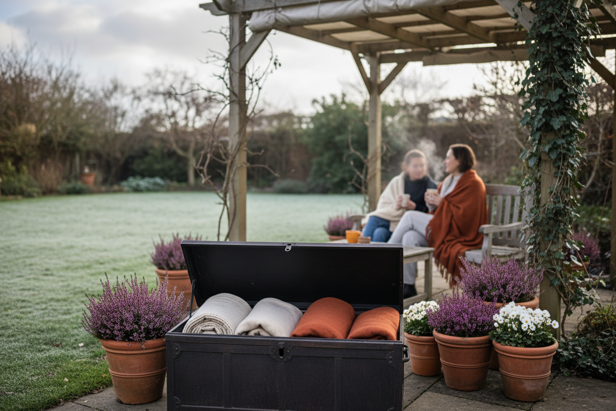 A photorealistic medium shot of a covered outdoor seating area in a UK garden on a mild winter day. A dark metal storage chest with throws is in the foreground, and two blurred figures enjoy hot drinks on a bench in the mid-ground. The garden features a frosted lawn and pots with winter plants. Soft, overcast daylight illuminates the scene, creating a warm and aspirational atmosphere of comfortable outdoor living, with muted earthy tones and deep greens.
