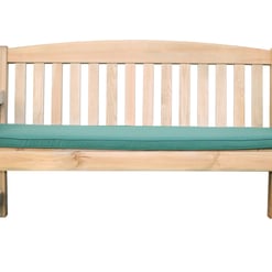 Natural wood outdoor garden bench with green cushion, ideal for patio, deck, or backyard seating. Stylish, durable, and comfortable outdoor furniture for relaxation and entertaining spaces.