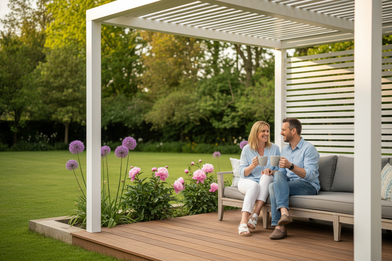 A photorealistic medium shot of a couple in their late 30s, dressed in spring attire, smiling and chatting while holding coffee mugs. They are seated on an outdoor sofa under a white-framed pergola with a slatted roof in a well-maintained UK garden. Warm late afternoon sun casts shadows across the manicured lawn, which features borders of purple alliums and pink peonies. Mature trees form the backdrop, creating a warm, inviting, and aspirational atmosphere showcasing the pergola as a functional and beautiful home extension for leisurely spring activities. The figures are in soft focus, emphasizing the enjoyment of the space.