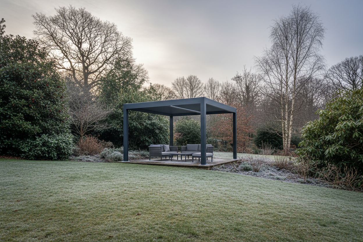 A photorealistic, wide-angle shot of a contemporary charcoal grey aluminium pergola with a retractable slatted roof, set in a mature UK garden on a crisp winter afternoon. The soft grey sky allows a gentle late afternoon sun to break through. Evergreen shrubs like holly and rhododendrons are visible, alongside the skeletal silhouettes of deciduous trees. Frost lightly covers the paving stones and the pergola's legs. The lawn slopes gently towards the pergola, framing an inviting view of the serene winter landscape. The scene has a warm, aspirational feel with a muted cool colour palette of greys, deep greens, and browns, highlighted by the pergola's metallic sheen. The image is sharp throughout, captured at f/8.