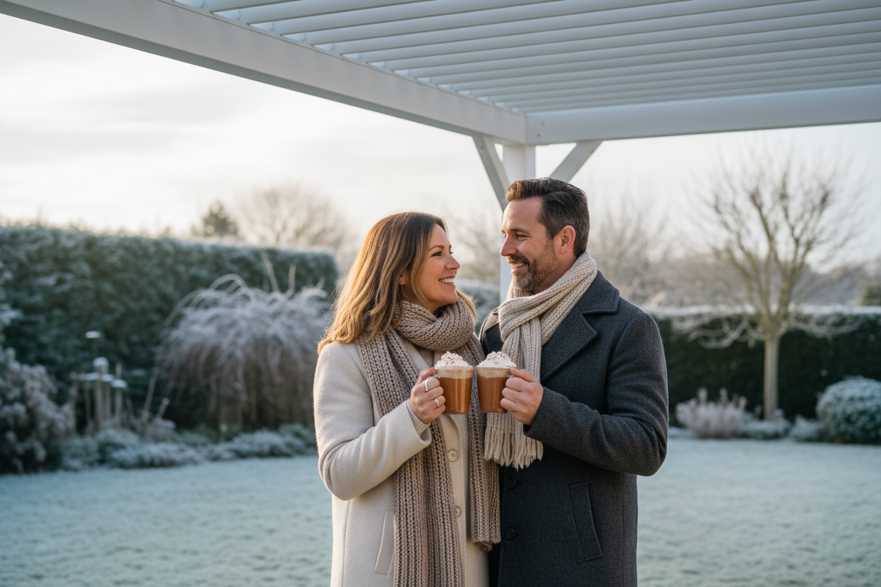 A photorealistic medium shot shows a couple in their late 30s, dressed in stylish winter coats and scarves, standing under a modern white aluminium pergola in a UK garden. They are holding mugs of hot chocolate and smiling warmly at each other, creating a cozy atmosphere. The blurred background reveals frost-covered evergreen shrubs and bare winter trees. Gentle, diffused natural light casts soft shadows. The image is framed at chest height, focusing on the couple's affectionate interaction. The color palette balances warm neutrals with cool blues and greys, evoking a sense of enjoying the outdoors in winter.