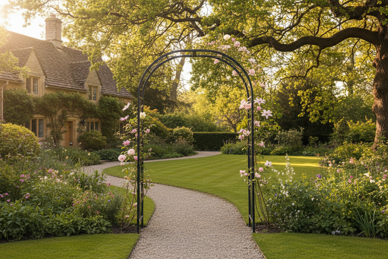 A photorealistic, wide-angle shot captures a striking matte black metal garden archway, standing proudly at the end of a winding gravel path in a quintessential English country garden. The arch, approximately 2.5m high and 1.5m wide, is beautifully adorned with delicate, budding clematis and early spring roses in soft pink and white hues. Sunlight filters through the lush leaves of mature oak trees, casting a warm, dappled light across the idyllic scene. In the background, a manicured lawn leads towards a hint of a charming stone cottage. The overall atmosphere is one of warmth, invitation, and aspiration, highlighted by the natural, soft spring light and a gentle color palette of vibrant greens, pastel florals, and earthy tones. The image is captured in the late morning, viewed from a slightly low angle to emphasize the arch's grandeur.